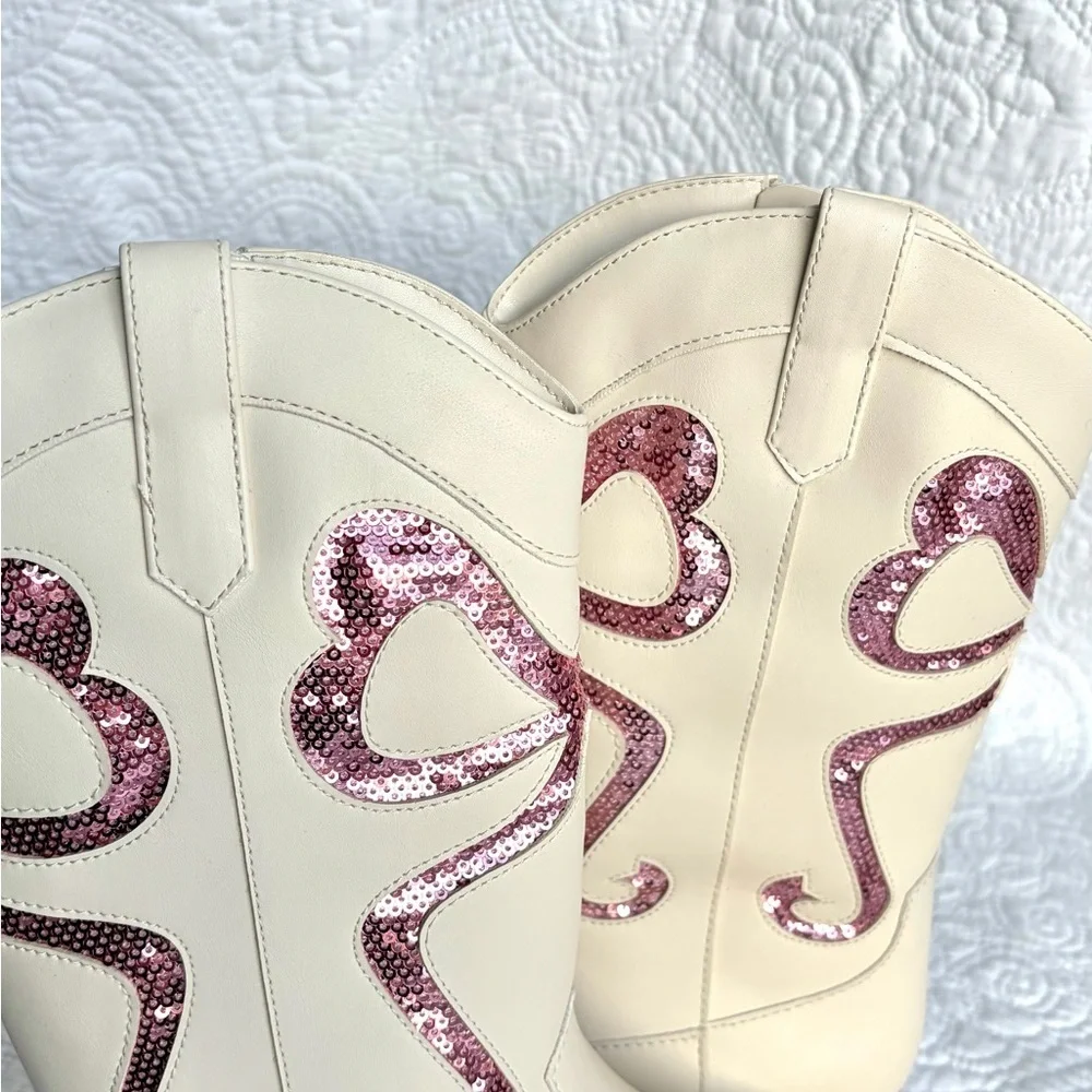 Cupcakes & Cashmere Kids Baysie Cream Cowboy Boots Pink Sequin Hearts Size 5